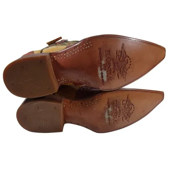 New El General Crocodile Skin Embroidered Red Yellow Brown Cowboy Boots Sz 6.5 - Picture 9 of 9